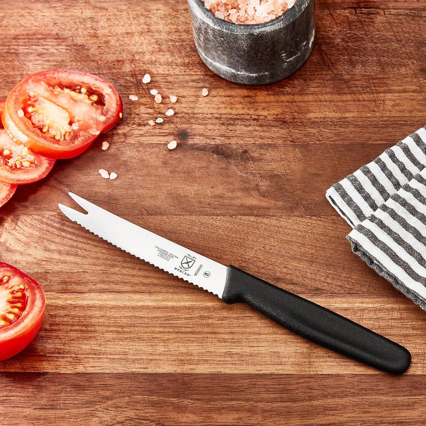 Tomato Bar Knife, Black, 4-1/4" Wavy Edge, 2-Tine Tip