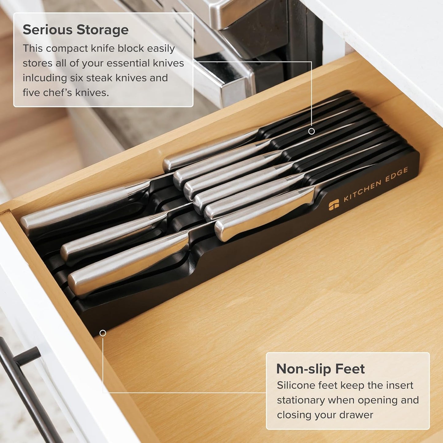 In-Drawer Knife Block Holder, 11 Slots, Black | Fits most knife sizes, rubber feet, food-safe finish