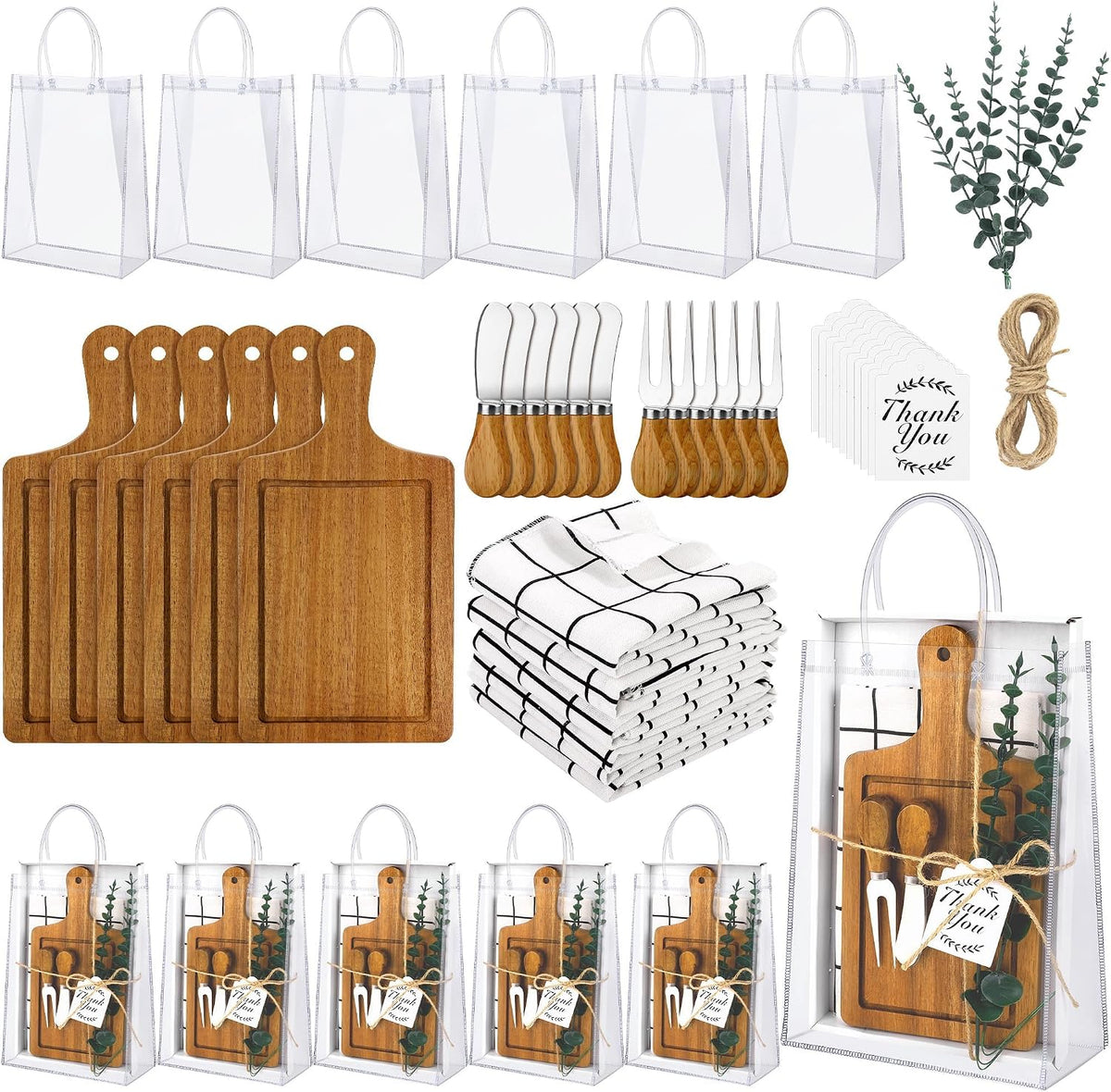 6 Sets Baby Shower Prizes for Game Winners 49 Pcs Square Acacia Wood Cheese Board Gift with Knives Spoons Gift Bags Kitchen Towels Bridal Shower Party Favors for Guests