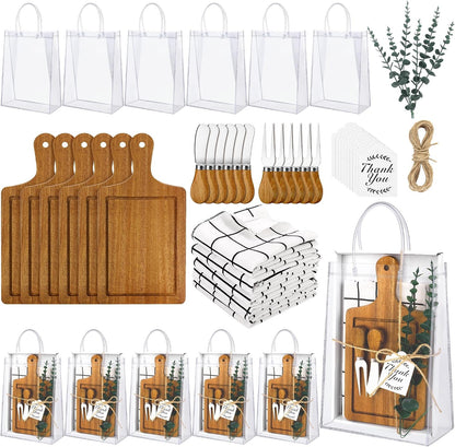 6 Sets Baby Shower Prizes for Game Winners 49 Pcs Square Acacia Wood Cheese Board Gift with Knives Spoons Gift Bags Kitchen Towels Bridal Shower Party Favors for Guests