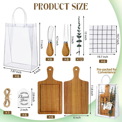 6 Sets Baby Shower Prizes for Game Winners 49 Pcs Square Acacia Wood Cheese Board Gift with Knives Spoons Gift Bags Kitchen Towels Bridal Shower Party Favors for Guests