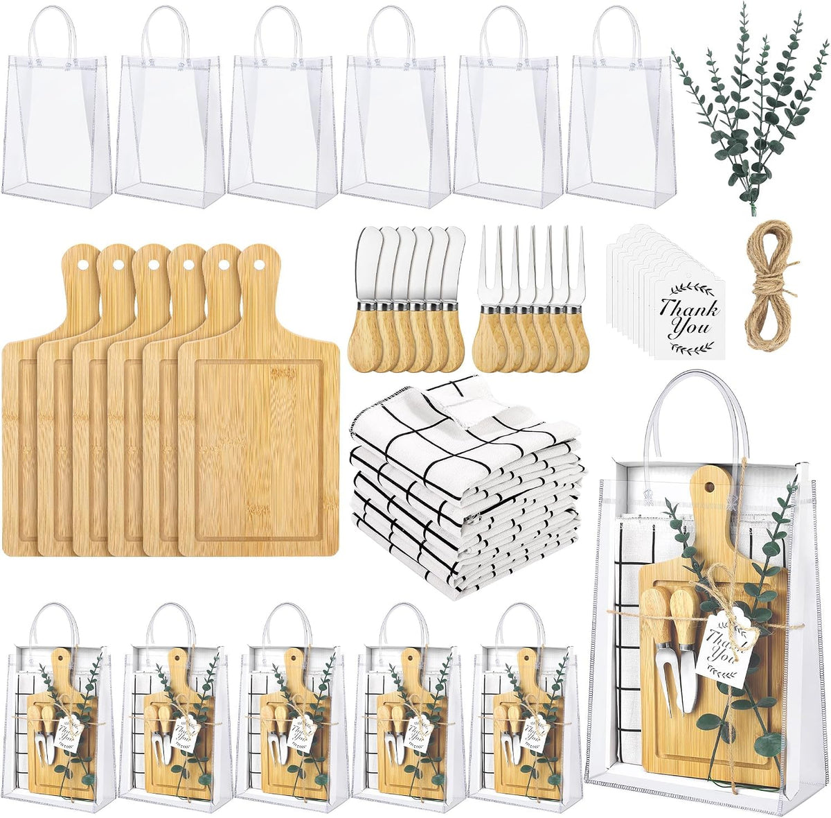 6 Sets Baby Shower Prizes for Game Winners 49 Pcs Square Acacia Wood Cheese Board Gift with Knives Spoons Gift Bags Kitchen Towels Bridal Shower Party Favors for Guests