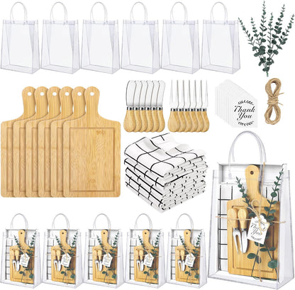6 Sets Baby Shower Prizes for Game Winners 49 Pcs Square Acacia Wood Cheese Board Gift with Knives Spoons Gift Bags Kitchen Towels Bridal Shower Party Favors for Guests