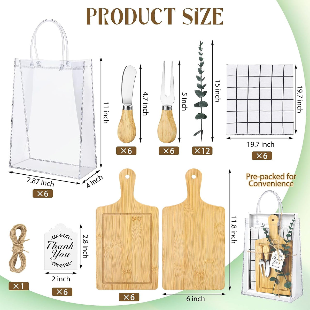 6 Sets Baby Shower Prizes for Game Winners 49 Pcs Square Acacia Wood Cheese Board Gift with Knives Spoons Gift Bags Kitchen Towels Bridal Shower Party Favors for Guests