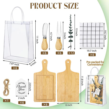 6 Sets Baby Shower Prizes for Game Winners 49 Pcs Square Acacia Wood Cheese Board Gift with Knives Spoons Gift Bags Kitchen Towels Bridal Shower Party Favors for Guests