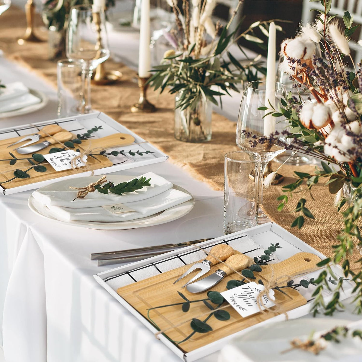 6 Sets Baby Shower Prizes for Game Winners 49 Pcs Square Acacia Wood Cheese Board Gift with Knives Spoons Gift Bags Kitchen Towels Bridal Shower Party Favors for Guests