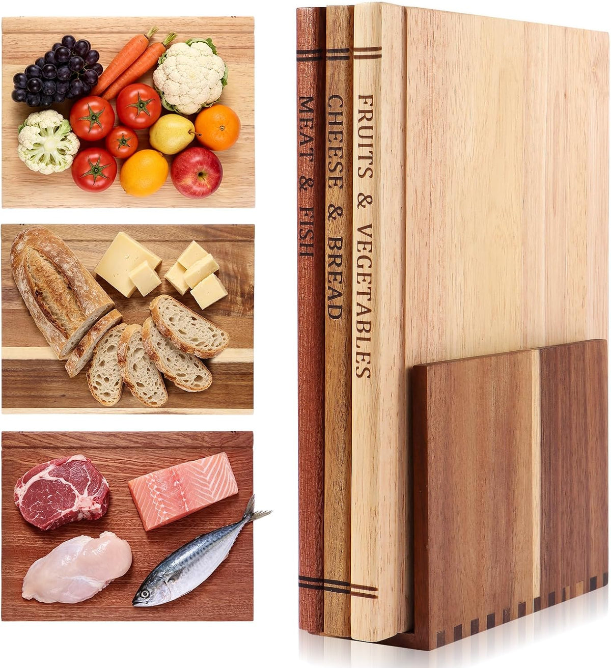 Book Cutting Board Set - Food Safe, Non-Slip Chopping Boards for Kitchen Organization and Stylish Serving,Acacia Wood