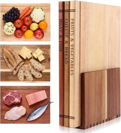 Book Cutting Board Set - Food Safe, Non-Slip Chopping Boards for Kitchen Organization and Stylish Serving,Acacia Wood