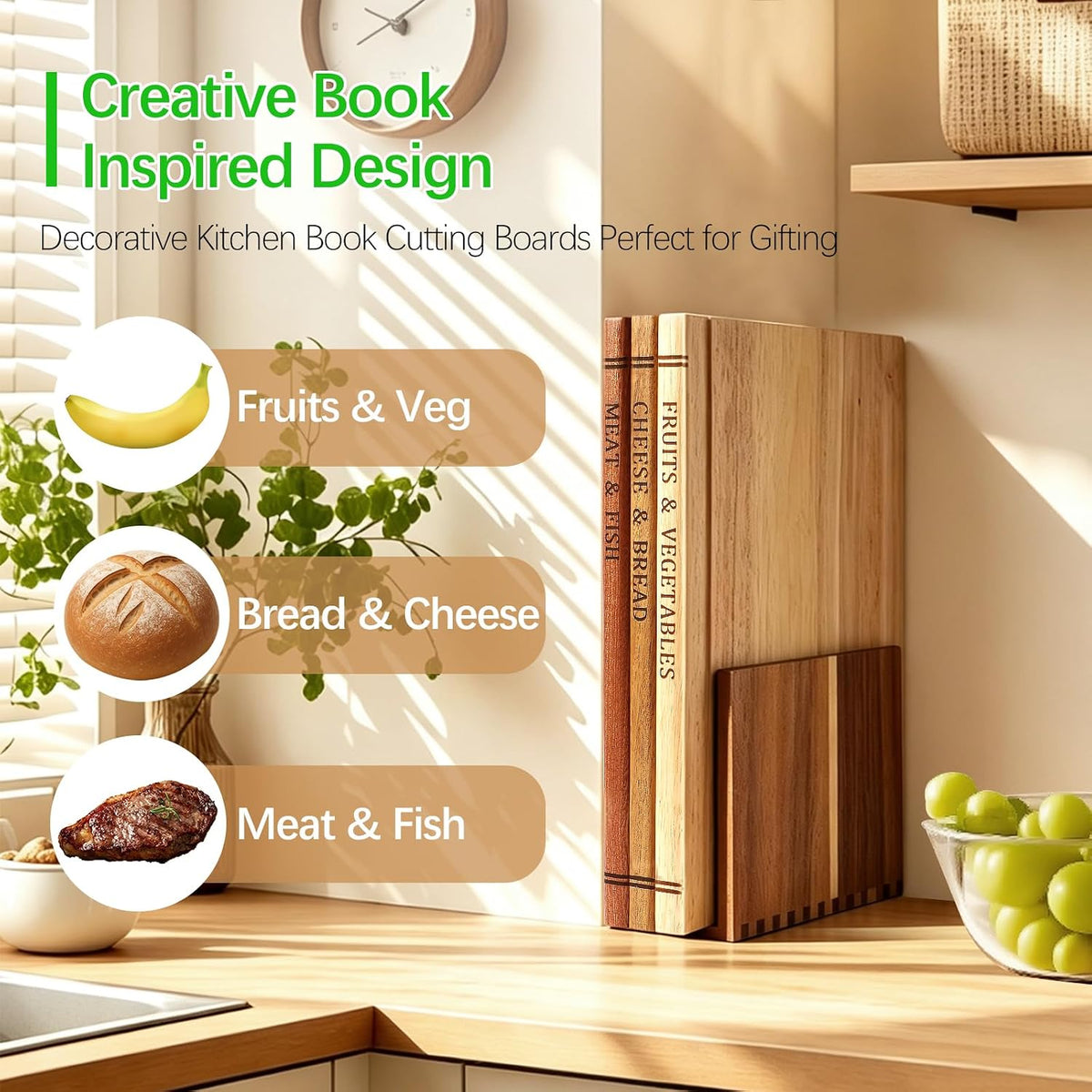 Book Cutting Board Set - Food Safe, Non-Slip Chopping Boards for Kitchen Organization and Stylish Serving,Acacia Wood