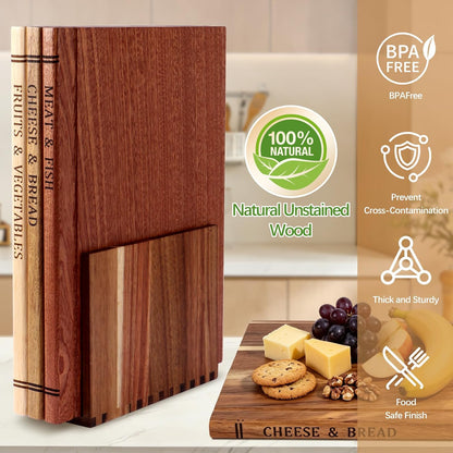 Book Cutting Board Set - Food Safe, Non-Slip Chopping Boards for Kitchen Organization and Stylish Serving,Acacia Wood
