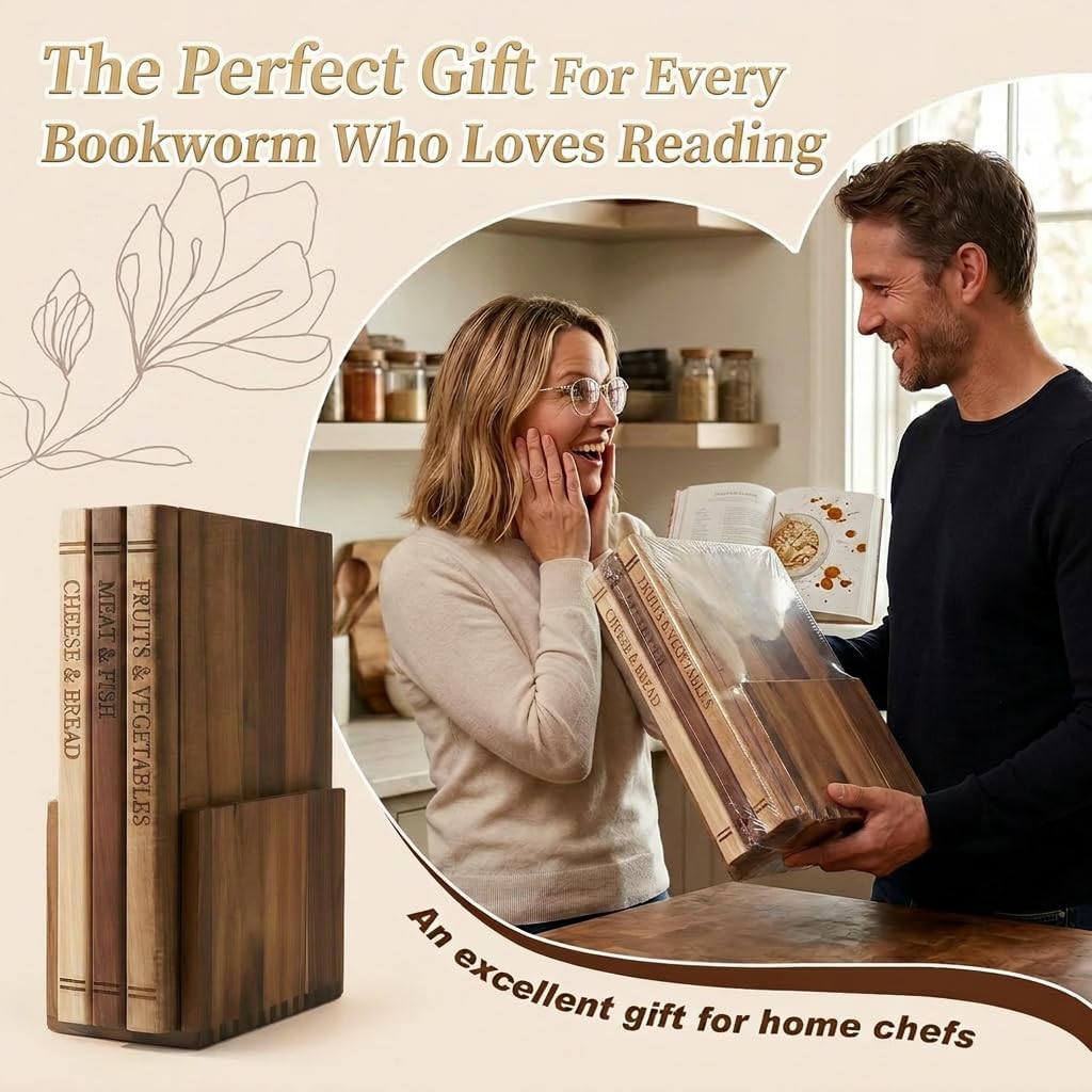 Book Cutting Board Set - Food Safe, Non-Slip Chopping Boards for Kitchen Organization and Stylish Serving,Acacia Wood