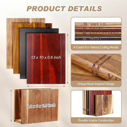 Book Cutting Board Set - Food Safe, Non-Slip Chopping Boards for Kitchen Organization and Stylish Serving,Acacia Wood