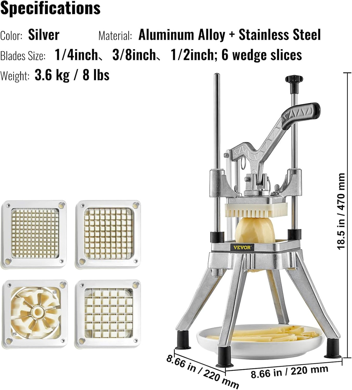 Commercial French Fry Cutter, 4 Blades Lever Vegetable Chopper
