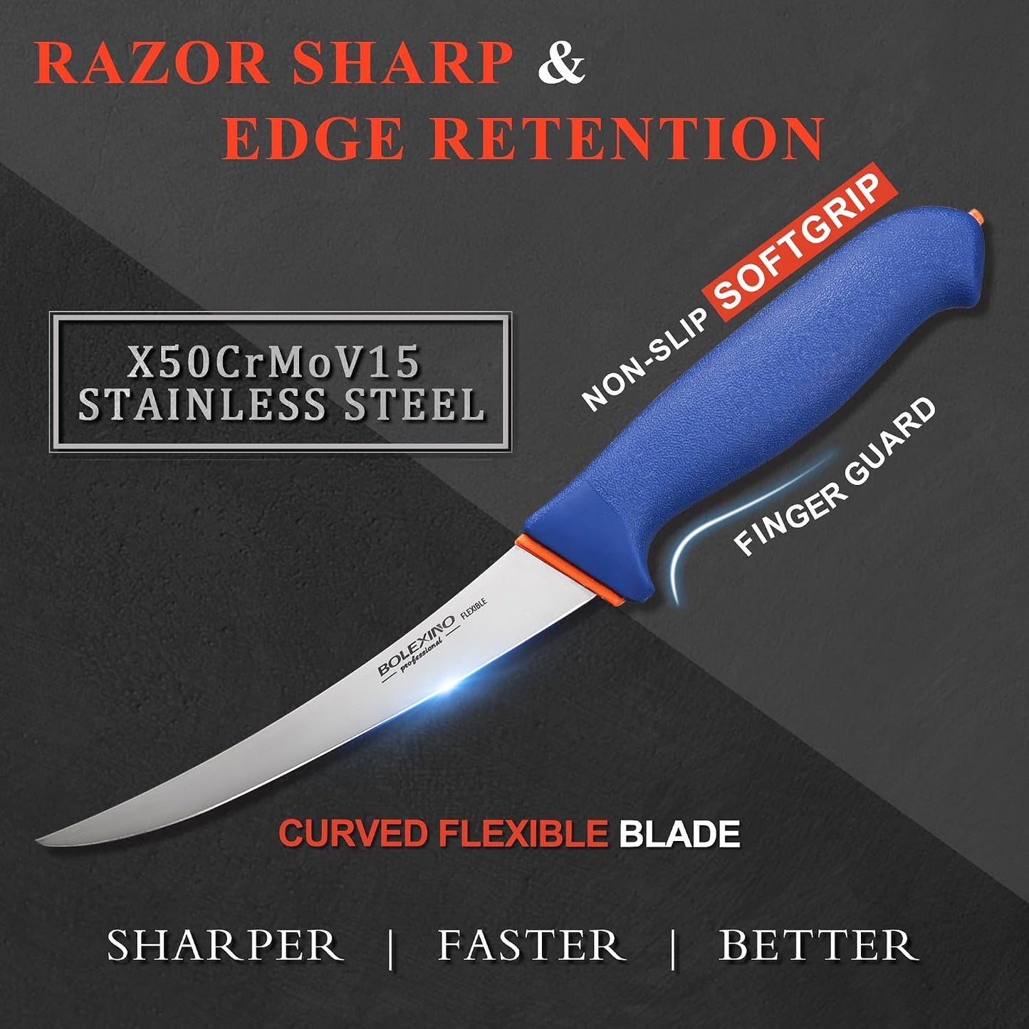 6 Inch Boning Knife Flexible Curved Blade for Meat & Fish Deboning | Non-slip grip for secure hold,Flexible curved blade for boning,High-carbon steel stays sharp,Great for meat & fish filleting.