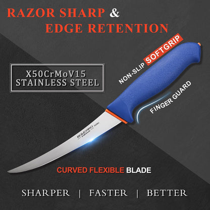 6 Inch Boning Knife Flexible Curved Blade for Meat & Fish Deboning | Non-slip grip for secure hold,Flexible curved blade for boning,High-carbon steel stays sharp,Great for meat & fish filleting.