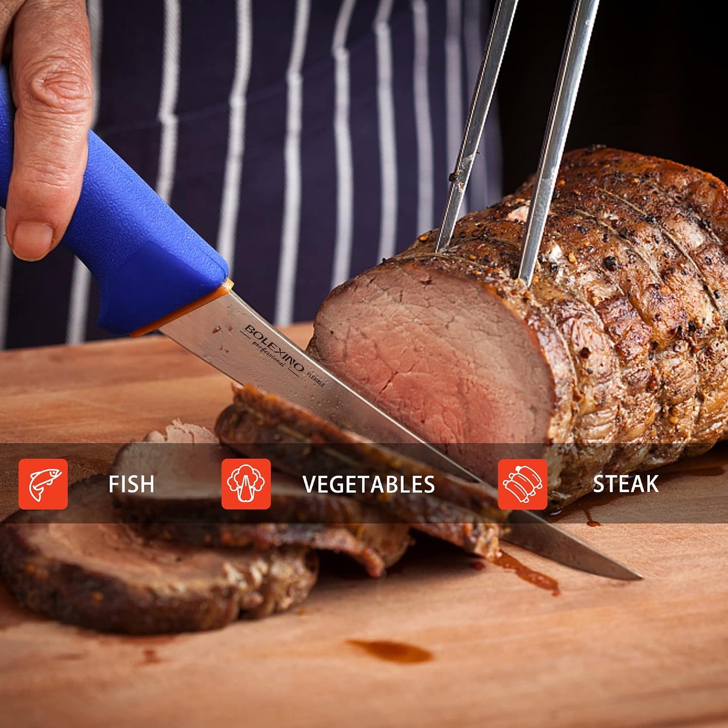 6 Inch Boning Knife Flexible Curved Blade for Meat & Fish Deboning | Non-slip grip for secure hold,Flexible curved blade for boning,High-carbon steel stays sharp,Great for meat & fish filleting.
