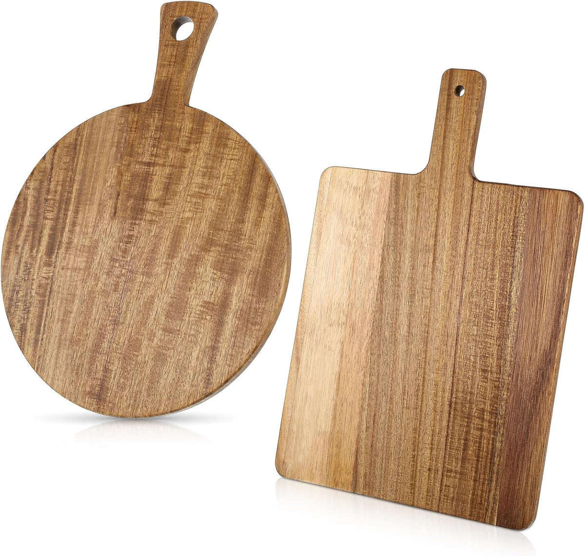 2 Pcs Acacia Wood Cutting Board with Handle, 15.7‘’ L Round Rectangular Decorative Wooden Cutting Boards Large Charcuterie Board Set for Meat, Bread, Fruit, Pizza, Cheese