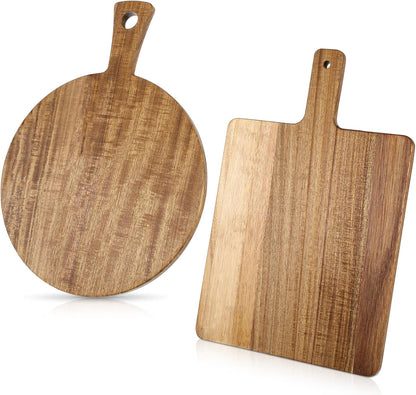 2 Pcs Acacia Wood Cutting Board with Handle, 15.7‘’ L Round Rectangular Decorative Wooden Cutting Boards Large Charcuterie Board Set for Meat, Bread, Fruit, Pizza, Cheese