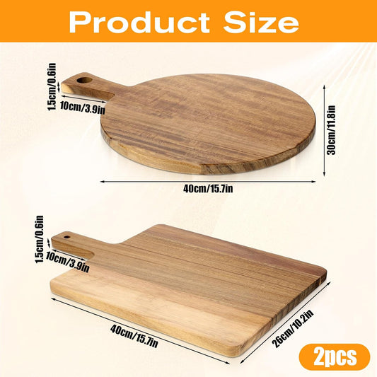 2 Pcs Acacia Wood Cutting Board with Handle, 15.7‘’ L Round Rectangular Decorative Wooden Cutting Boards Large Charcuterie Board Set for Meat, Bread, Fruit, Pizza, Cheese