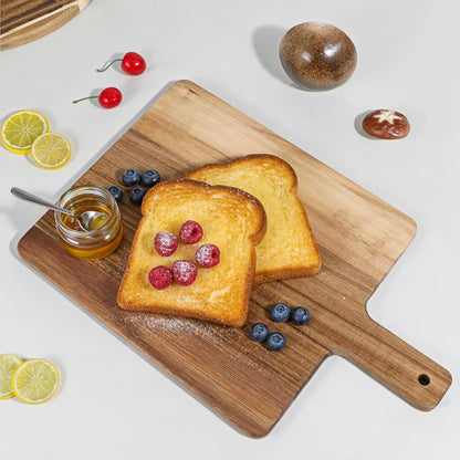 2 Pcs Acacia Wood Cutting Board with Handle, 15.7‘’ L Round Rectangular Decorative Wooden Cutting Boards Large Charcuterie Board Set for Meat, Bread, Fruit, Pizza, Cheese
