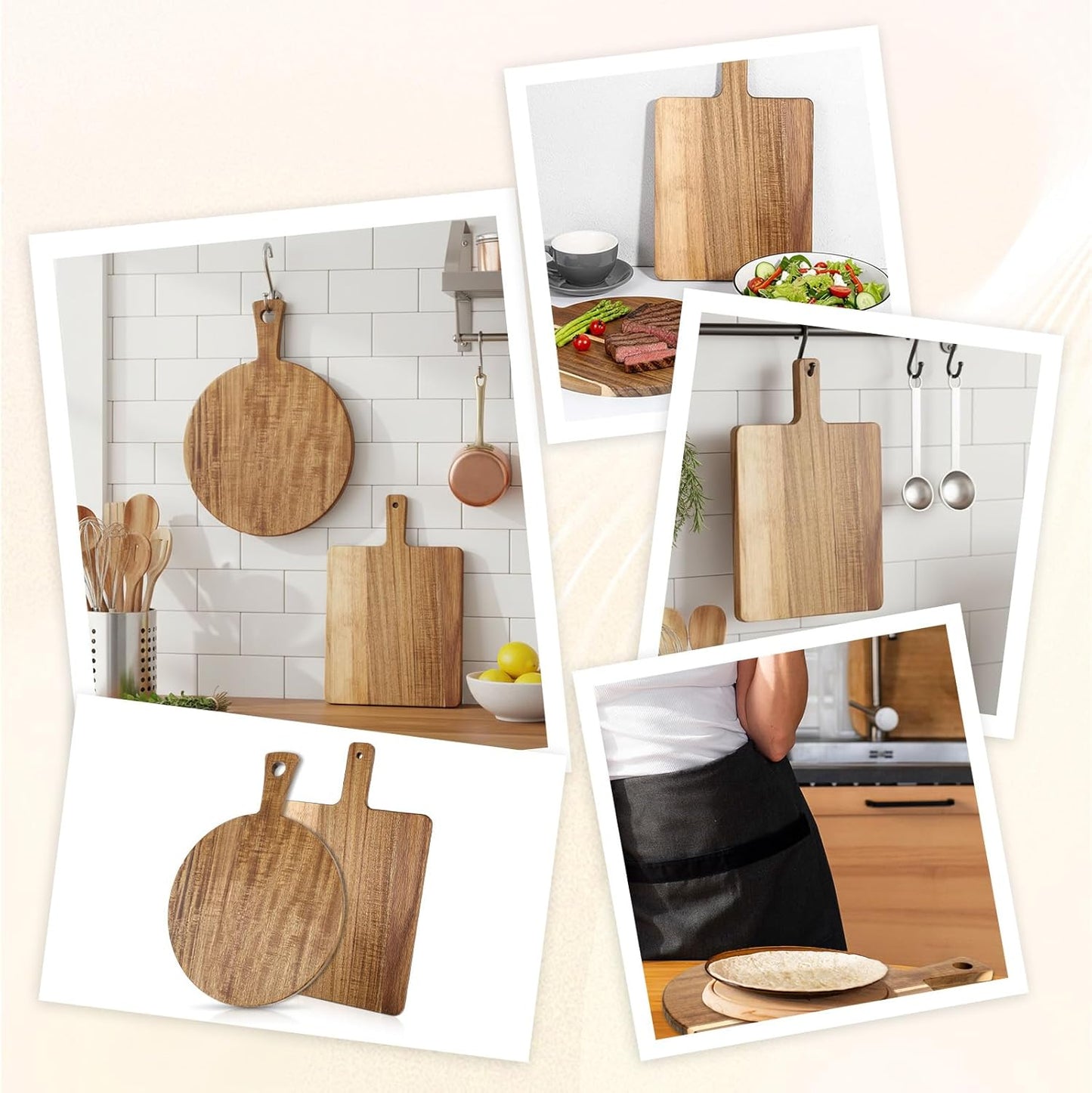 2 Pcs Acacia Wood Cutting Board with Handle, 15.7‘’ L Round Rectangular Decorative Wooden Cutting Boards Large Charcuterie Board Set for Meat, Bread, Fruit, Pizza, Cheese
