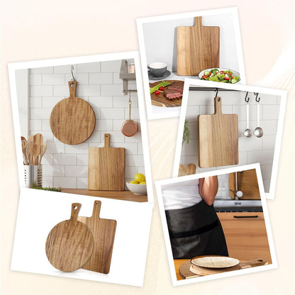 2 Pcs Acacia Wood Cutting Board with Handle, 15.7‘’ L Round Rectangular Decorative Wooden Cutting Boards Large Charcuterie Board Set for Meat, Bread, Fruit, Pizza, Cheese
