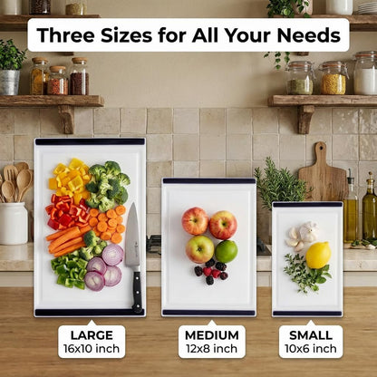 Non Slip Cutting Board 3 Pack Set for Kitchens with Groove - BPA Free and Dishwasher Safe with 16, 12 and 10 Inch Sizes