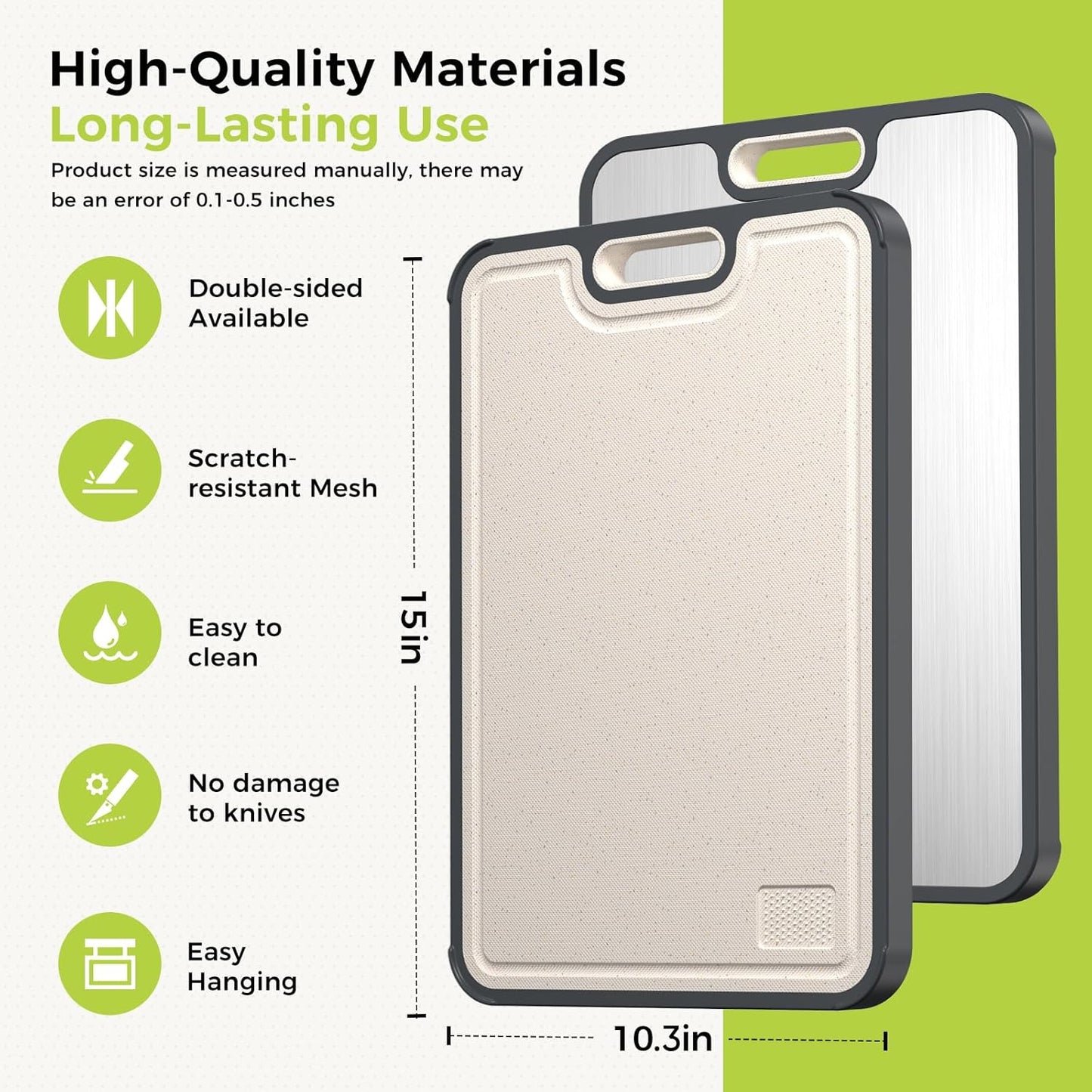 Cutting Board for Kitchen, Cutting Board Double Sided Food Grade, Pure /PP, Easy to Clean Large Size 15”×10.3”