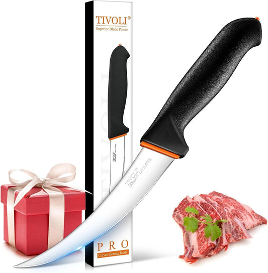 6 Inch Curved Boning Knife - Butcher Knife with Non-Slip Softgrip | High Carbon Stainless Steel, Ergonomic Non-slip Rubber Handle, Gift Box, Anti-fouling, Easy to Clean