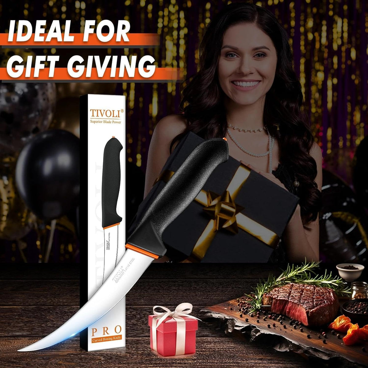 6 Inch Curved Boning Knife - Butcher Knife with Non-Slip Softgrip | High Carbon Stainless Steel, Ergonomic Non-slip Rubber Handle, Gift Box, Anti-fouling, Easy to Clean