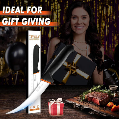 6 Inch Curved Boning Knife - Butcher Knife with Non-Slip Softgrip | High Carbon Stainless Steel, Ergonomic Non-slip Rubber Handle, Gift Box, Anti-fouling, Easy to Clean