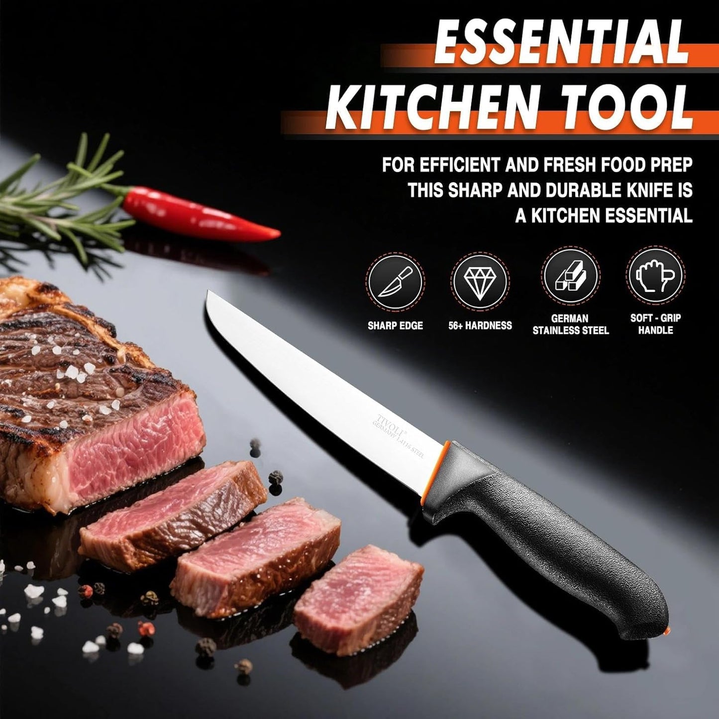 6 Inch Curved Boning Knife - Butcher Knife with Non-Slip Softgrip | High Carbon Stainless Steel, Ergonomic Non-slip Rubber Handle, Gift Box, Anti-fouling, Easy to Clean