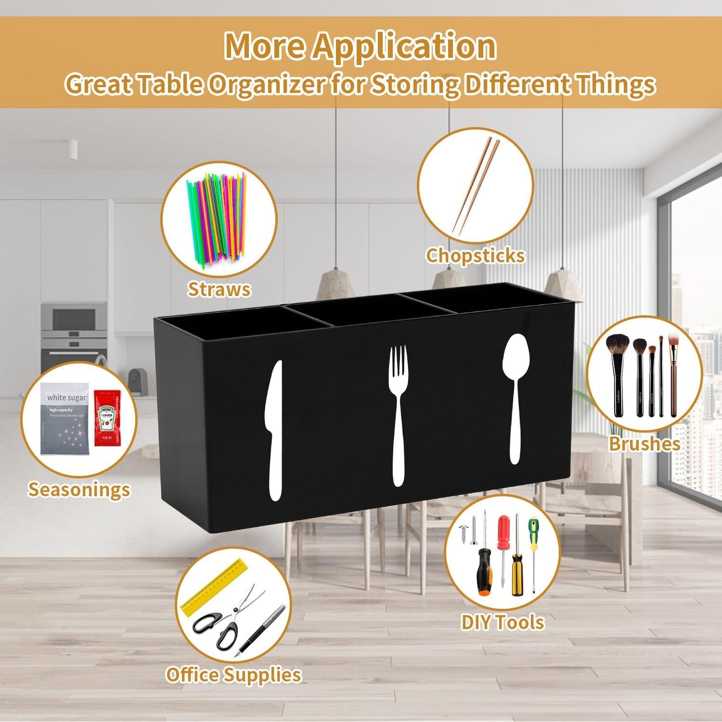 Plastic Utensil Holder, Knife Fork and Spoon Holder Silverware Caddy, Acrylic Kitchen Cutlery Storage Box, Flatware Organizer for Countertop, Indoor Outdoor Party Tableware Holder (Black)