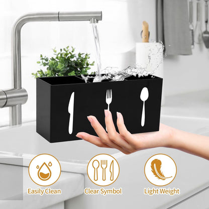 Plastic Utensil Holder, Knife Fork and Spoon Holder Silverware Caddy, Acrylic Kitchen Cutlery Storage Box, Flatware Organizer for Countertop, Indoor Outdoor Party Tableware Holder (Black)