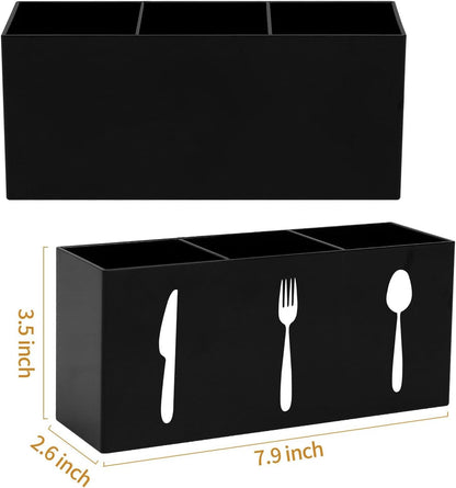 Plastic Utensil Holder, Knife Fork and Spoon Holder Silverware Caddy, Acrylic Kitchen Cutlery Storage Box, Flatware Organizer for Countertop, Indoor Outdoor Party Tableware Holder (Black)