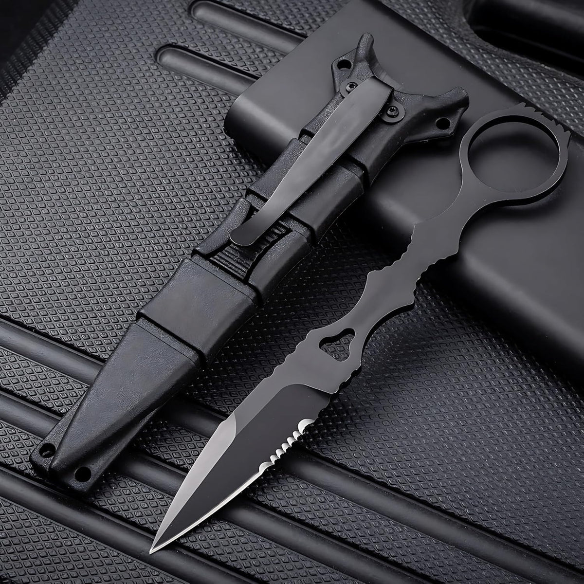 Portable 6.7 Inch 440C Fixed Blade Outdoor Camping Straight Knife With Kydex Sheath - Black