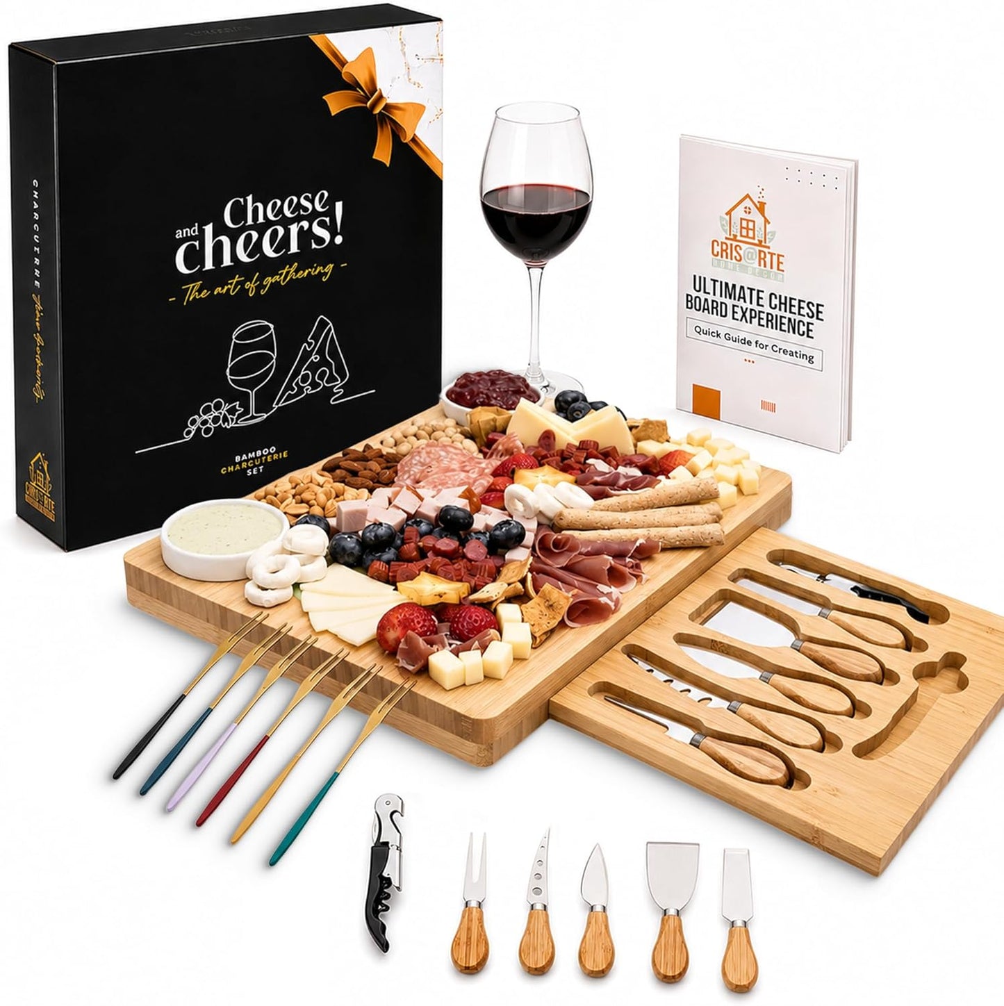 Bamboo Charcuterie Board gift Set, 12x15 in Cheese Board with 16 Accessories, Wine & Cheese Serving Platter, Gift for Housewarming, Wedding, Bridal Shower, Anniversary & Birthday for men and Women.