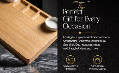 Bamboo Charcuterie Board gift Set, 12x15 in Cheese Board with 16 Accessories, Wine & Cheese Serving Platter, Gift for Housewarming, Wedding, Bridal Shower, Anniversary & Birthday for men and Women.