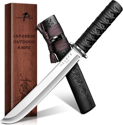 Japanese Fixed Blade Knife - Samurai Knife with Wooden Sheath | Forged from a Single Piece of D2 Steel, Gift Box, for Outdoor Camping