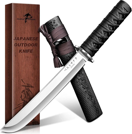Japanese Fixed Blade Knife - Samurai Knife with Wooden Sheath | Forged from a Single Piece of D2 Steel, Gift Box, for Outdoor Camping