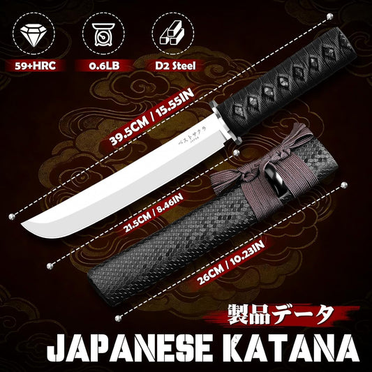 Japanese Fixed Blade Knife - Samurai Knife with Wooden Sheath | Forged from a Single Piece of D2 Steel, Gift Box, for Outdoor Camping