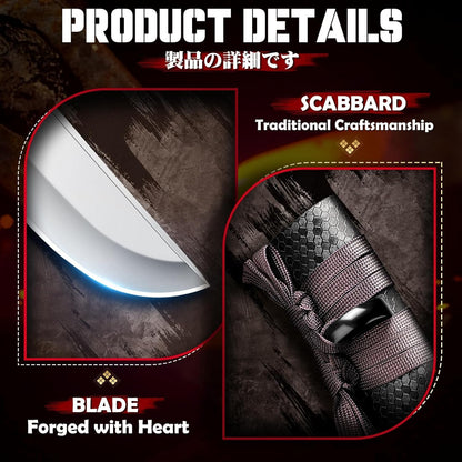 Japanese Fixed Blade Knife - Samurai Knife with Wooden Sheath | Forged from a Single Piece of D2 Steel, Gift Box, for Outdoor Camping