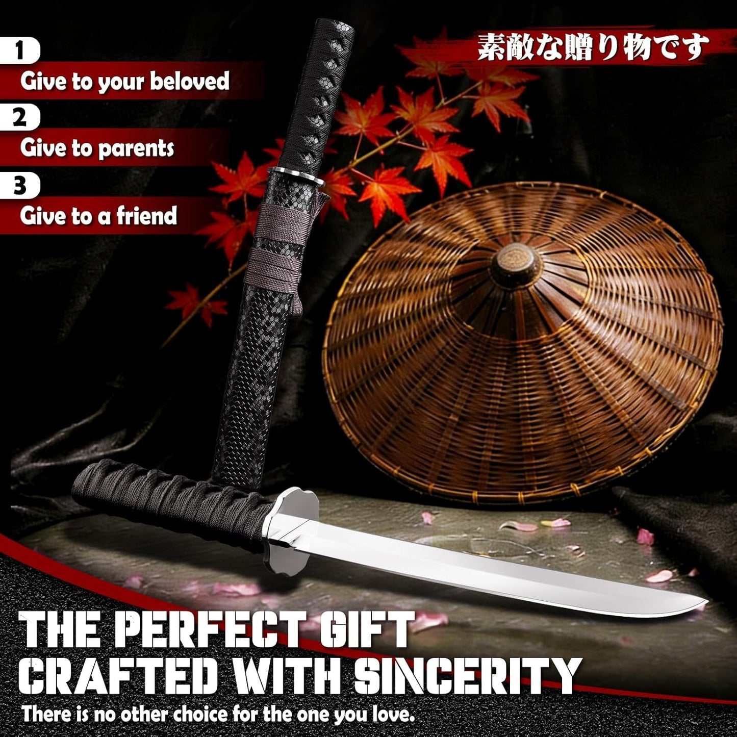 Japanese Fixed Blade Knife - Samurai Knife with Wooden Sheath | Forged from a Single Piece of D2 Steel, Gift Box, for Outdoor Camping