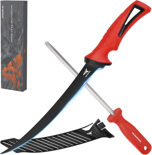 Intimidator Fillet Knife with Sharpening Steel, Ultra-Sharp G4116 German Stainless-Steel Blades, Non-Slip Handle, Protective Sheath, 9'' Fillet Knife and Honing Rod