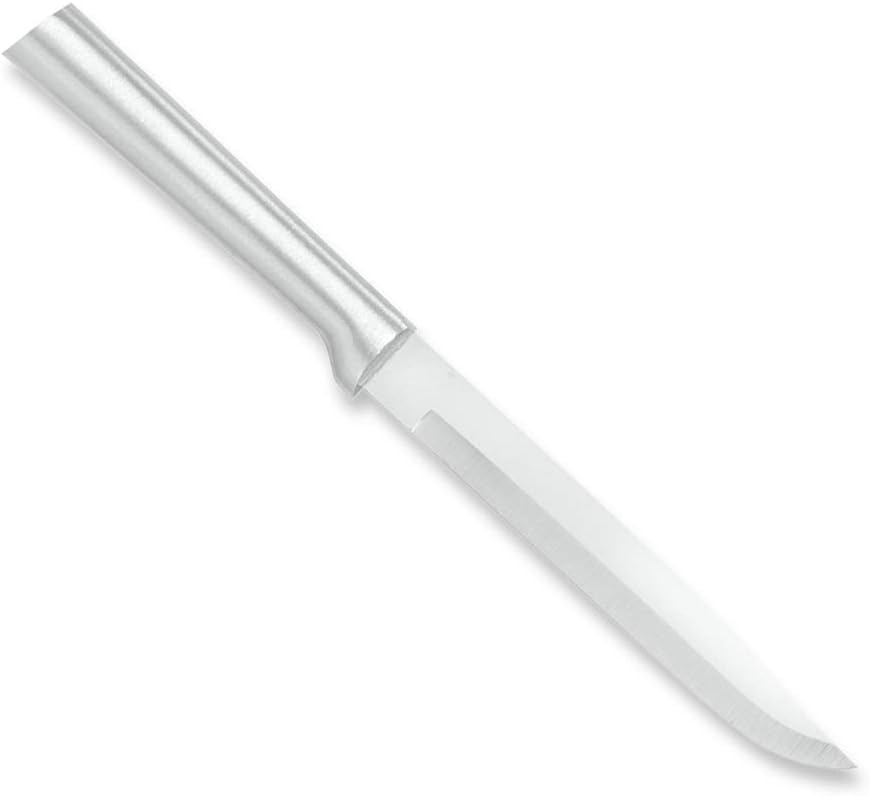 Utility Steak Knife (R104), Silver Handle | 4.88" Stainless Steel Serrated Blade, Silver Cast Aluminum Handle