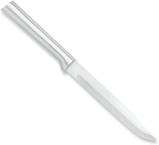 Utility Steak Knife (R104), Silver Handle | 4.88" Stainless Steel Serrated Blade, Silver Cast Aluminum Handle