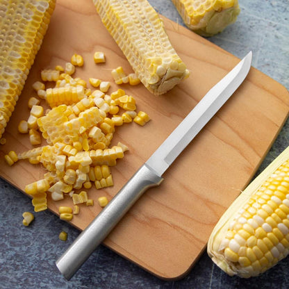 Utility Steak Knife (R104), Silver Handle | 4.88" Stainless Steel Serrated Blade, Silver Cast Aluminum Handle