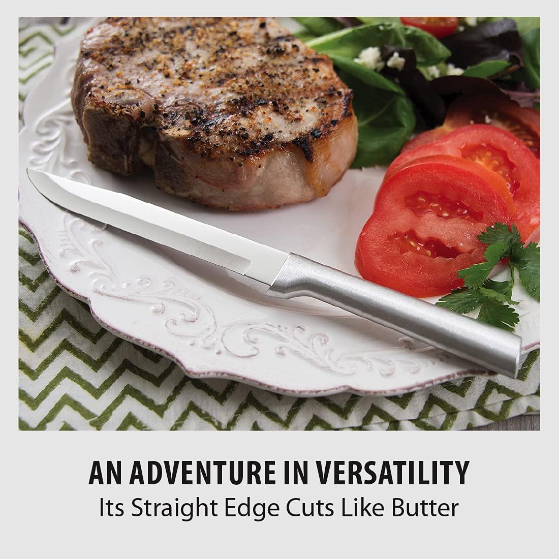 Utility Steak Knife (R104), Silver Handle | 4.88" Stainless Steel Serrated Blade, Silver Cast Aluminum Handle