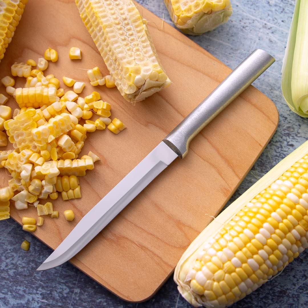Utility Steak Knife (R104), Silver Handle | 4.88" Stainless Steel Serrated Blade, Silver Cast Aluminum Handle