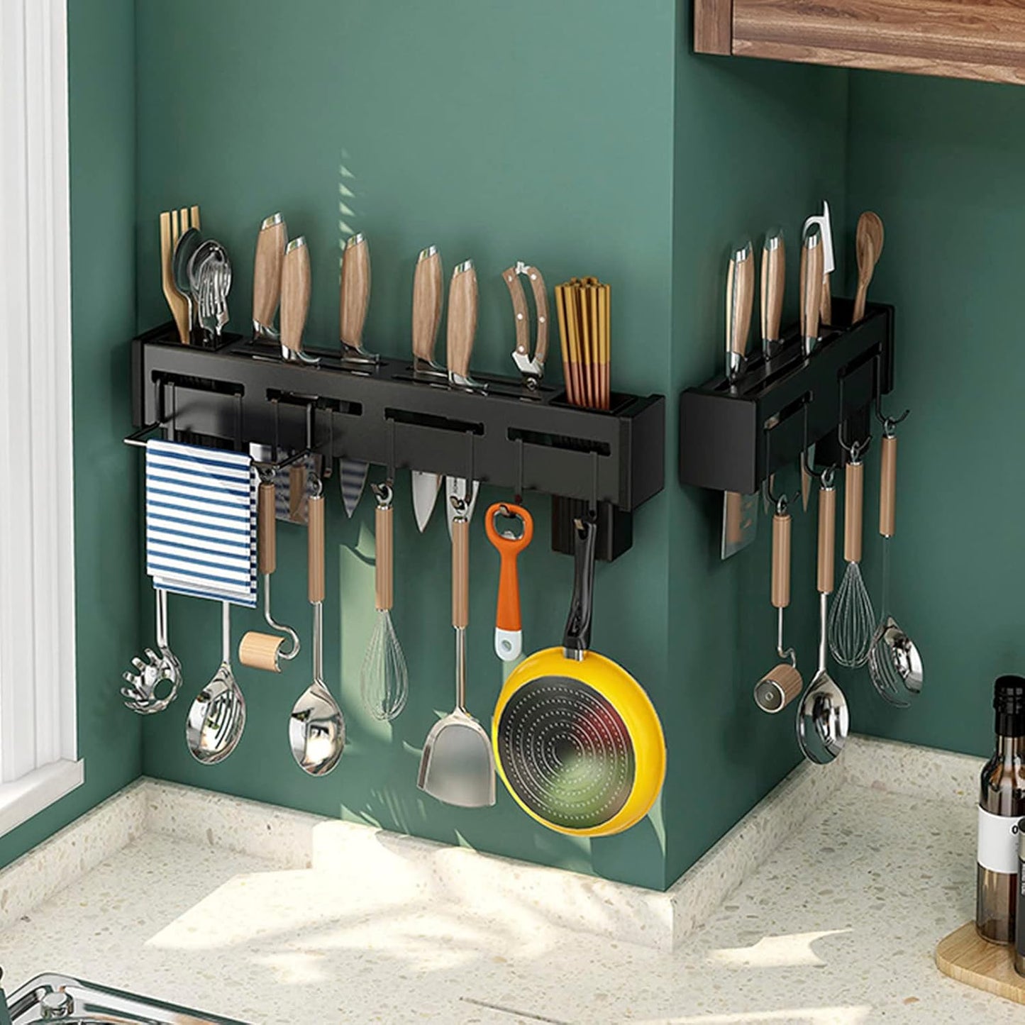 Kitchen Wall Mount Utensil Rack Utensil Wall Organizer for Spoons, Knives, Forks, Chopsticks, Cookware Cutlery Holder (Silver)